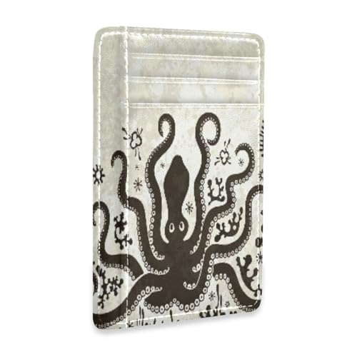 Front Pocket Minimalist Leather Slim Wallet Credit Card Holder Black Octopus for Men & Women
