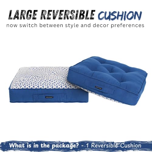 Image of Reversible 60x60x10 cm Blue Woven Quilted Floor Cushion with Cotton Filler for Seating, Patio Seat, Meditation, Yoga, Pooja, Guests, Living Room, Bedroom, Large Size 24x24x4 Inch
