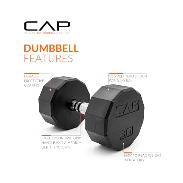CAP Rubber Coated Dumbbell Weights, Free Weights for Home Gym Strength Training, Anti-Roll Hex Dumbbells with Black, Chrome & Comfort Grip Handles, Pairs & Sets - Image 3