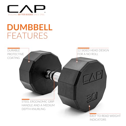Image of CAP Rubber Coated Dumbbell Weights, Free Weights for Home Gym Strength Training, Anti-Roll Hex Dumbbells with Black, Chrome & Comfort Grip Handles, Singles