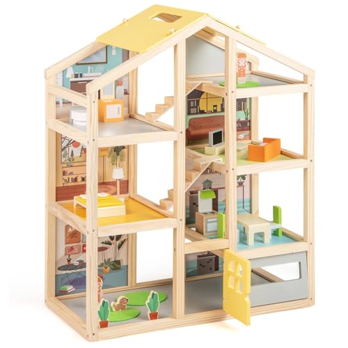 GOPLUS Casa de Muñecas de Madera para Niños, Casa de Muñecas Moderna con 7 Habitaciones, 18 Piezas de Mobiliario, 2 Figuras y 1 Perro Mascota, Juguete de Casa para Niños de 3+ Años