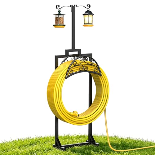 Oursieez Garden Hose Holder with Shepherds Hooks - Freestanding Metal Water Hose Holder Stand Holds 150ft, Heavy Duty Garden Hoses Hanger Storage Rack for Outside Yard Lawn Farm