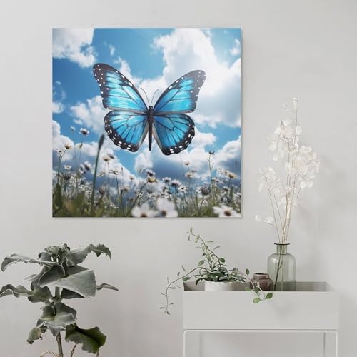 Toile murale abstraite papillon bleu nuages 70x70 cm