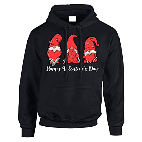 Happy Valentines Day Mens Hoody Pullover Party Jumper Heart Love Gnome Unisex Gift Hoodie Top Printed Design Black - X-Large