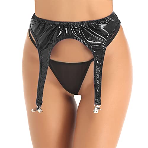 TiaoBug Porte-Jarretelles Cuir Femme Sexy Jarretières avec 4 Pinces Brillantes pour Bas Lingerie Mariage Danse Clubwear Noir Taille Unique