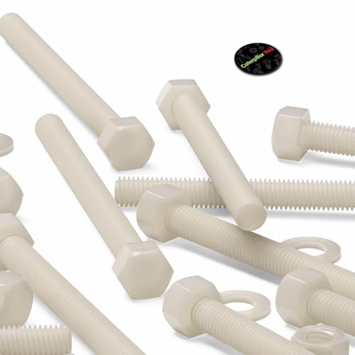 Image of 5X Natural Nylon PA66 Hex Head Plastic Bolts, Nuts & Washers, M12 x 150 mm, Fastener, (15 /32 x 5 29 /32 in)