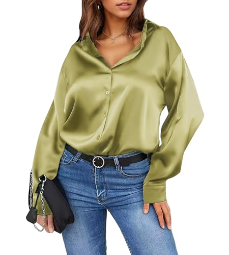Damipow Satin Silk Button Down Shirts for Women Dress Shirts Long Sleeve Blouses Womens Shirt,Olive Green,L