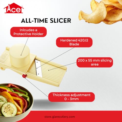 Image of Ace All-Time Vegetable & Dry Fruit Slicer - 420J2 Stainless Steel Blade (54-55 HRC), Heavy Duty ABS Body, Manual Kitchen Slicer with 8-Inch Tray & Holder Cup