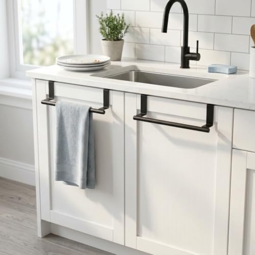 Image of Cabinet Door Towel Bar, Kitchen Towel Holder, Matte Black 2 Pack | Extended Anti-Slip Arm, EVA Scratch Guard Pads, No-Drill Install, Stainless Steel Dish Towel Holder, Kitchen Towel Rack