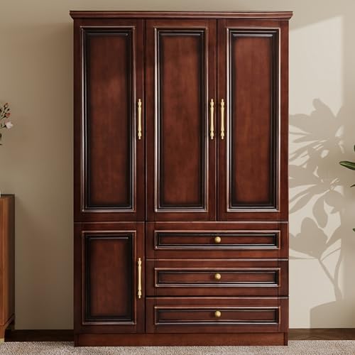 TrendTerrace Solid Wood Armoire Wardrobe Closet, 3 Door Solid Wooden Wardrobe Cabinet with 3 Drawers, Bedroom Armoire Closet with Hanging Rods Clothing Organizer Cherry Red-9