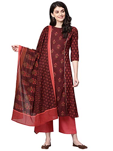 Image of INDO ERA Women's Floral Printed Pure Cotton A-Line Kurta With Pant & Dupatta Set (IE00KS0MR1614)
