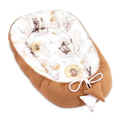 Babynest Neugeborene Nestchen Baby 90x50 cm - Kokon Handmade zweiseitig aus Baumwolle Waffel mit Babynestchen Schlummer Bär Hellbraun