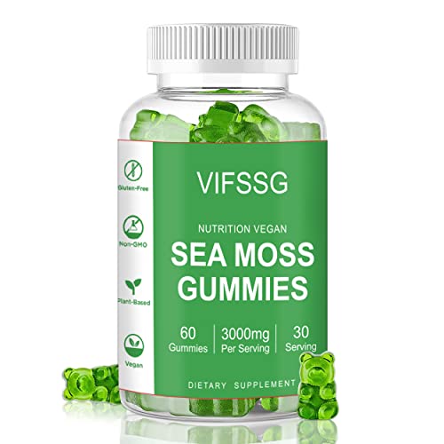 VIFSSG Sea Moss Gummies, 3000Mg Irish Seamoss Gummy Vegan for Adults & Kids with Organic Bladderwrack, Burdock Root and Apple Cider Vinegar Supplement 60 Gummies Pack of 1