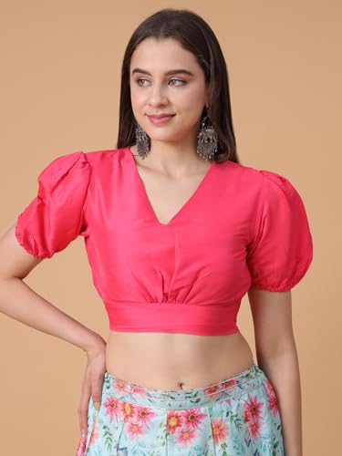 Image of Frolic Rolic Premium Silk V-Neck Blouse Readymade Saree Blouse - Designer Puff Sleeve Blouse for Wedding