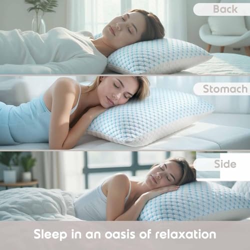 Image of Nestl Cooling Memory Foam Pillow with Down Alternative Pillows Combo Set - Queen Size Set of 2, 1 Soft and 1 Firm, Adjustable for Side, Back, Stomach Sleepers, Breathable Washable Bed Cover, 20 inchx30 inch
