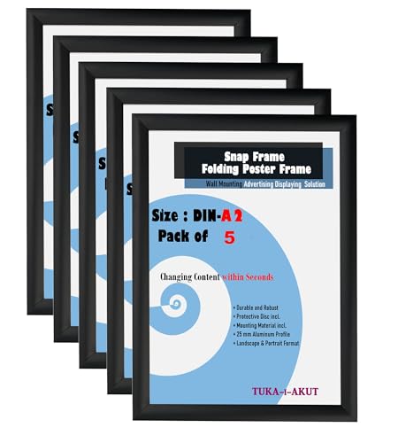 TUKA-i-AKUT 5x A2 Cadre à Clipser en Aluminium, Profilé Aluminium 25 mm Cadre pour Affiche Photo Poster, Cadre d'Affichage avec Vitre de Protection, Matériel de Fixation Noir Couleur TKD8420-A2-5X