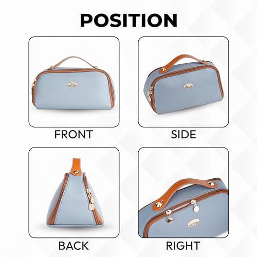 Image of SHOPPOFOBIX Makeup Pouch for Women, Litchi PU Leather Makeup Pouch for Women, Large Capacity Cosmetic Travel Bag, Portable Makeup Kit Storage Bag with Handle and Two Divider (Light Grey)