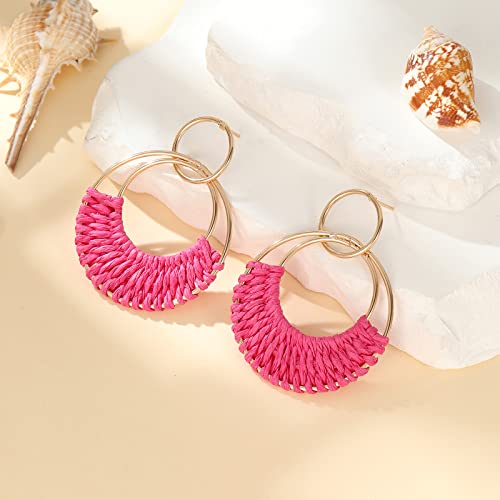 Rattan Weave Earrings Boho Summer Raffia Hoop Dangle Earrings For Women Girls Bohemian Raffia Braid Straw Wicker Round Drop Earrings Lightweight Beach Party Statement Earrings Jewelry Gifts (Hot Pink) #TOP4