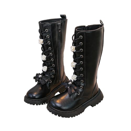 Girls Mid Calf Boots Side Zipper Riding Combat Shoes Lace Up Bow knot Fashion 3D Flower Faux Leather Waterproof Boot