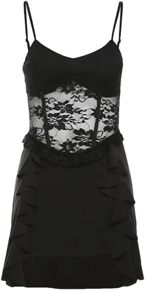 Women's Lace Hollow Out Slim Fitting Tassel Patchwork Party Suspender Dress