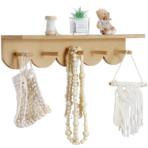 Image of Pinkunn Nursery Floating Shelves with Hooks for Wall Bookshelves Wood Wall Mounted Organizer Hanging Scalloped Bookshelves Nursery Decor for Kids Room, Bedroom and Kitchen