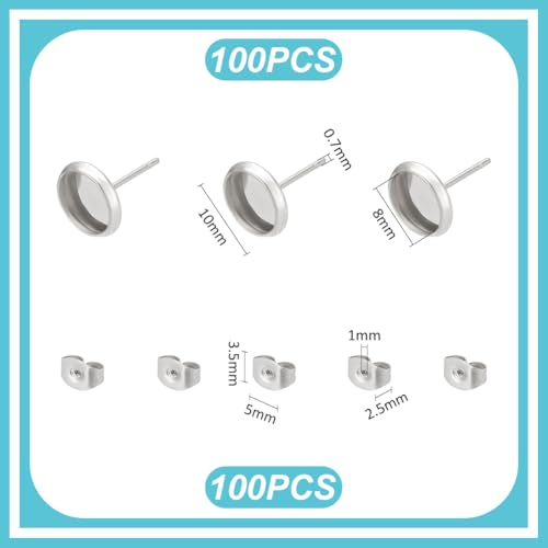 UNICRAFTALE 200pcs Flat Round 304 Stainless Steel Stud Earring Cabochon Setting Post Blank Ear Stud 8mm Tray with 100 psc Butterfly Friction Ear Nuts for DIY Earring Jewelry Making - Image 2
