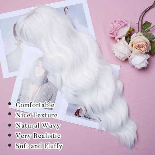 Image of NAYOO White Wigs with Bangs for Women,24 Inch Wavy Synthetic Wig | Natural Looking,Beginner Friendly,Heat Resistant Fiber,Ideal for Daily Wear,Parties & Halloween