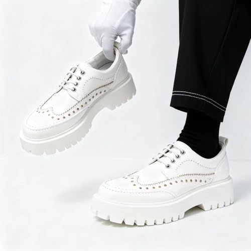Image of Men's Patent Leather Platform Dress Shoes Classic Round Toe Thick Lug Sole Lace Up Oxfords Comfort Block Heel Derby Business Casual Shoes