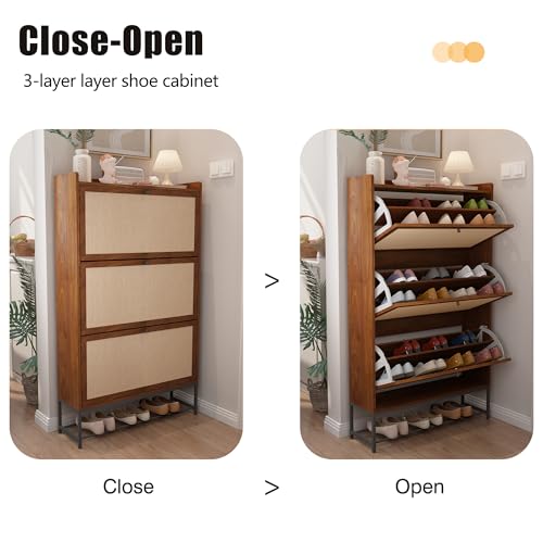 AVZEAR Narrow Shoe Storage Cabinet with 3 Flip Drawers, Freestanding Wooden Closed Shoe Rack, Slim Cabinet Storage for Entryway, Hallway, Living Room (Walnut)