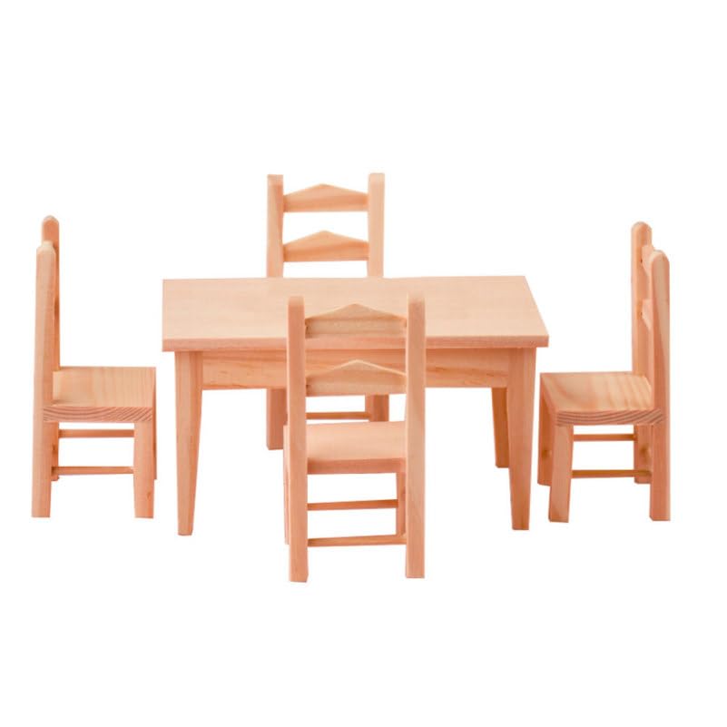 1:12 Miniature Wooden Table Chair Set, Scale Furniture for Dollhouse Decor