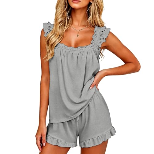 Genérico Pijama de Dos Piezas de Verano con Camisola, Jersey y Shorts, Color Liso. (Grey, XL)