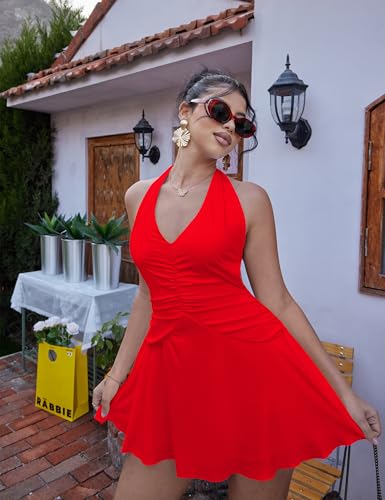 Image of BEAGIMEG Women's Sexy Sleeveless Halter Backless Deep V Party Cocktail Club Mini Dress