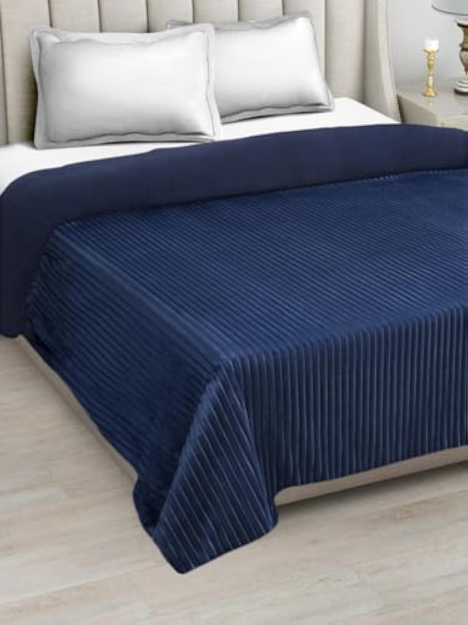 Navy Blue Striped Winter Embossed Woollen Double Bed Comforter