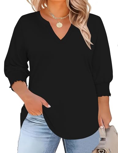 TFSDOD Black Tops for Women 3/4 Sleeve Tunic Dressy Casual V Neck Blouses Smocked Shirts Summer Tops for Women 2026 Plus Size Tee 3X