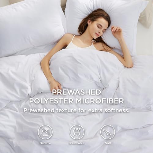 Image of Bedsure Duvet Cover Full Size with Fitted Sheet - 4 Pieces Prewashed Polyester Soft Bedding Set, Includes 1 Duvet Cover 80x90 Inches with Zipper Closure, 2 Pillow Shams, 1 Fitted Sheet, Bright White