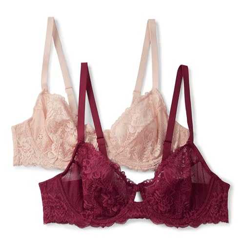 Amazon Essentials Women's Stretch Galloon Lace Wired Balconette Bra, Pack of 2, Burgundy/Soft Petal,...