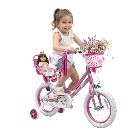 Image of WinHope Girls Bike, 12-18 Inch Children's Bicycle for 2-9 Years Old, Beginner Kids Bike with Training Wheels, Doll Seat & Basket,Streamers for Outdoor Riding, Multiple Colors