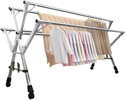 This Foldable Clothes Drying Rack with Wheels, Indoor/Outdoor Collapsible Laundry Solution, Space-Saving Design for Efficient Drying
