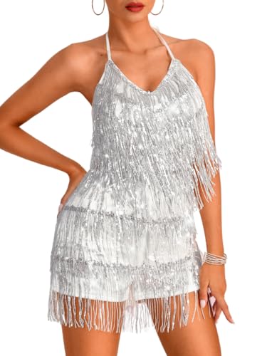 Image of Kaei&Shi Sequin Fringe Romper,Sparkly Glitter Metallic Jumpsuits For Women,Backless Shorts Dress Disco Birthday Dance Outfit
