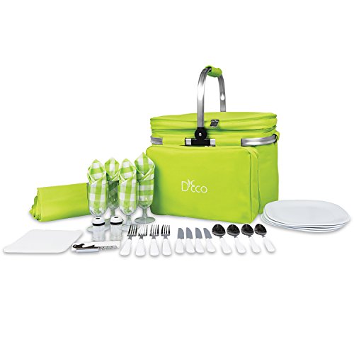 Deco Foldable Insulated Picnic Basket, w Plates, Glasses & Flatware - Keeps Food Cold or Warm for Hours - Full Sized Set Folds Down to 5 Inches