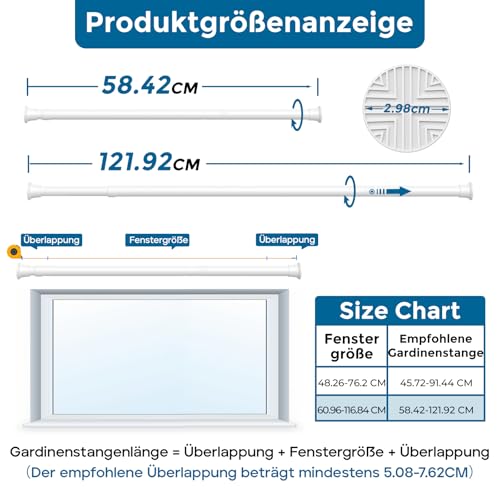 AIZESI Gardinenstange ohne Bohren 60 bis 120 cm, 2 Stück Teleskopstange, Weiß verstellbare Vorhangstange ohne Bohren für Fenster, Schrank, Badezimmer