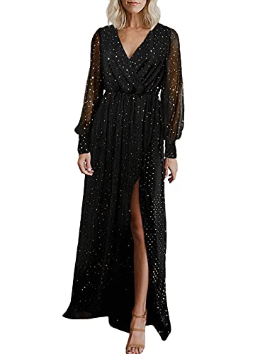Bdcoco Women s V Neck Formal Gown Evening Dresses Long Sleeve Bridesmaid Maxi Dress with Slit Black