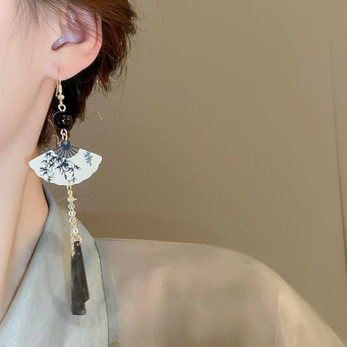 Handmade Resin Fan Dangle Earrings for Women Beautiful Sector Aesthetic Earrings Cheongsam Antique Style Chinese Japanese Vintage Lightweight Sterling Silver Stud Statement Unique Jewelry3