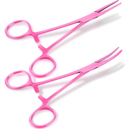 Image of BBTO Hemostat Curved and Straight Hemostat Forceps Piercing Pliers Forceps, Stainless Steel Straight and Curved Pliers, Fishing Tweezer(Pink,2 Pcs)