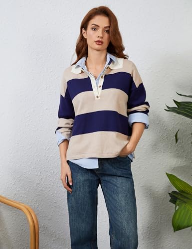 Image of Womens Striped Sweater Rugby Polo Shirts Y2k Collar Pullover Tops | Rugby Shirt,Long Sleeve Knit Top,Lapel V Neck Jumper,Oversized,Casual Outings Streetwear,Preppy Sweater,Fall Winter Clothes