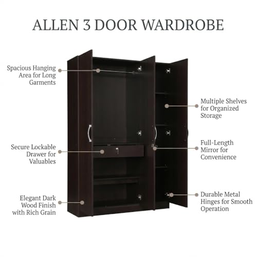 Image of HomeTown Allen Plus 3 Door Wardrobe Walnut (Brown) with Mirror | Wooden Almirah for Bedroom Storage | Modern 3 Door Closet Cabinet | Wardrobe Furniture India