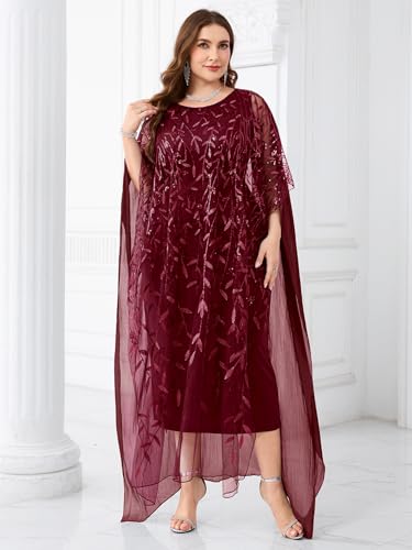 Image of Plus Size Sparkly Formal Evening Gown Sequin Cape Overlay Mother of Bride Dress Wedding Guest Cocktail Party