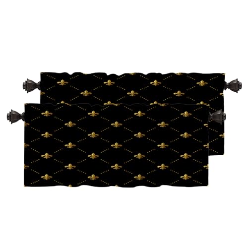 BaoNews Black French Fleur De Lis Kitchen Valances for Windows,Golden Pastoral Flowers Blackout Valances Curtains Multilayer Polyester Drapes for Kitchen Bedroom 2 Pack 52X18 Inches