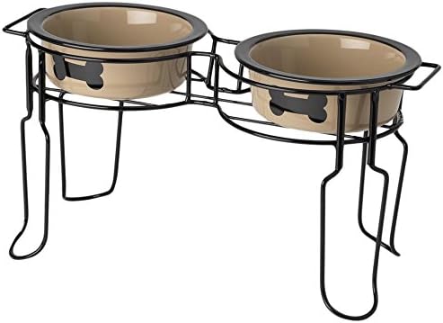 PetRageous 14049 Riley's, Black Feeder with Two Taupe Stoneware Bowls, 4 Cups Each