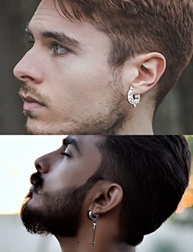 12 Pairs Magnetic Stud Earrings Stainless Steel CZ Hoop Punk Feather Dangle Hinged Non-Piercing Earrings Clip on Magnet Earring Set for Women Men Silver Black Tone3